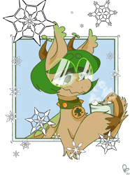 Size: 900x1210 | Tagged: safe, artist:pagophasia, derpibooru exclusive, derpibooru import, oc, oc only, oc:hortis culture, hybrid, pony, bust, chocolate, collar, food, frog (hoof), glasses, horns, hot chocolate, leaf, looking down, marshmallow, mug, nonbinary, round glasses, simple background, smiling, snow, snowflake, solo, transparent background, underhoof, unshorn fetlocks, wings