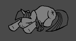 Size: 414x222 | Tagged: safe, artist:trfur, derpibooru import, twilight sparkle, unicorn twilight, pony, unicorn, eyes closed, gray background, lying down, monochrome, sad, simple background