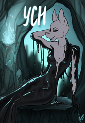 Size: 1640x2360 | Tagged: safe, artist:stirren, derpibooru import, anthro, goo, advertisement, bondage, cavern, clothes, commission, dress, encasement, female, living clothes, living latex, looking at you, pinup, pose, sitting, solo, your character here
