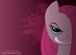 Size: 2489x1817 | Tagged: safe, artist:zeffdakilla, derpibooru import, pinkie pie, earth pony, pony, abstract background, creepy, creepy smile, evil, evil grin, gradient background, grin, looking at you, pinkamena diane pie, smiling, smiling at you, solo, vector