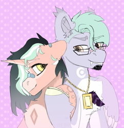 Size: 2980x3075 | Tagged: safe, artist:medkit, derpibooru import, oc, oc only, oc:hako, oc:mira, pegasus, pony, unicorn, bandaid, bandaid on nose, beard, big eyes, chest fluff, couple, dots, duo, ear fluff, ears, eyes open, facial hair, fangs, feather, female, fluffy, glasses, hair over one eye, high res, hoof on hoof, horn, jewelry, looking at each other, looking at someone, male, mare, multicolored hair, paint tool sai 2, pair, patch, pattern, pendant, raised hoof, raised leg, rough sketch, scar, short mane, sitting, sketch, smiling, stallion, tassels, teeth, wings
