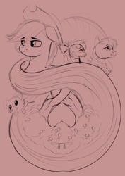Size: 656x925 | Tagged: safe, artist:poxy_boxy, derpibooru import, apple bloom, applejack, big macintosh, winona, dog, earth pony, pony, apple siblings, apple sisters, brother and sister, bust, female, filly, foal, intertwined trees, male, mare, monochrome, red background, siblings, simple background, sisters, sketch, stallion, tree, wip