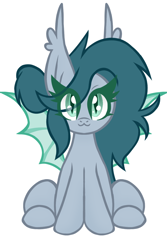 Size: 800x1200 | Tagged: safe, artist:chubbehbunneh16, derpibooru import, oc, oc only, oc:midnight melody, bat pony, pony, 2023 community collab, :3, bat pony oc, derpibooru community collaboration, ear tufts, eye clipping through hair, simple background, sitting, solo, white background