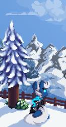 Size: 2160x4131 | Tagged: safe, artist:mariothepixelarter, derpibooru import, oc, oc only, pegasus, pony, facing away, high res, pixel art, sitting, snow, solo, tree, winter