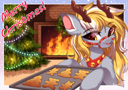 Size: 2480x1748 | Tagged: safe, artist:airiniblock, derpibooru import, oc, oc only, oc:stormy, pony, antlers, baking sheet, christmas, christmas lights, christmas tree, cookie, fire, fireplace, food, holiday, jingle bells, solo, tack, tree