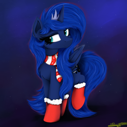 Size: 4000x4000 | Tagged: safe, artist:ser-p, derpibooru import, princess luna, alicorn, pony, absurd resolution, clothes, female, looking sideways, looking to side, looking to the left, mare, scarf, smiling, socks, solo, striped scarf