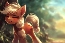 Size: 1620x1080 | Tagged: safe, derpibooru import, editor:craft, generator:purplesmart.ai, generator:stable diffusion, machine learning generated, applejack, pony, cute, eyes closed, jackabetes, smiling, solo