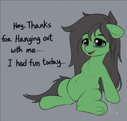 Size: 543x516 | Tagged: safe, artist:inkypuso, derpibooru import, oc, oc only, oc:anon-mare, earth pony, pony, belly, belly button, chubby, dialogue, ears, female, floppy ears, frog (hoof), gray background, mare, open mouth, signature, simple background, sitting, solo, talking to viewer, underhoof