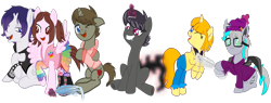 Size: 2100x800 | Tagged: safe, artist:darktailsko, derpibooru import, oc, oc only, oc:batilla, oc:christian, oc:cutiechu, oc:darkknighthoof, oc:darkknightshade, oc:tippy toes, bat pony, earth pony, pegasus, pony, unicorn, 2023 community collab, augmented, augmented tail, bat pony oc, beanie, boots, clothes, coat, derpibooru community collaboration, evil grin, fangs, feather, female, fingerless gloves, glasses, gloves, glowing, glowing horn, grin, hat, hoodie, hoof tickling, horn, laughing, leggings, looking at each other, looking at someone, magic, male, mare, necktie, one eye closed, open mouth, ponified, ponified oc, rainbow socks, raised hoof, raised leg, shirt, shoes, simple background, sitting, skirt, smiling, socks, spiked wristband, stallion, stockings, striped socks, suit, tail, thigh highs, tickle torture, tickling, transparent background, vest, wall of tags, wristband