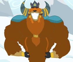 Size: 1280x1092 | Tagged: safe, artist:wish-granter, derpibooru import, prince rutherford, anthro, yak, big grin, grin, male, muscles, muscular male, smiling, snow, solo, swole