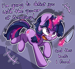 Size: 1776x1636 | Tagged: safe, artist:lou, derpibooru import, twilight sparkle, unicorn twilight, pony, unicorn, friendship is magic, and this gun i found, female, knife, mare