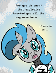 Size: 2550x3300 | Tagged: safe, artist:vareb, derpibooru import, oc, oc:tango starfall, pony, unicorn, coa, dialogue, female, implied anon, looking at you, looking down, looking down at you, mare, sky, solo, worried