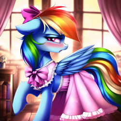 Size: 2560x2560 | Tagged: safe, derpibooru import, machine learning generated, rainbow dash, pegasus, pony, blushing, bow, clothes, dress, ears, embarrassed, female, floppy ears, girly, hair bow, indoors, mare, rainbow dash always dresses in style, solo