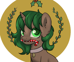 Size: 2600x2200 | Tagged: safe, artist:dumbwoofer, derpibooru import, oc, oc only, oc:pine shine, pony, unicorn, bell, bell collar, candy, candy cane, christmas, collar, ear fluff, ears, female, food, holiday, holly, holly mistaken for mistletoe, looking at you, mare, mouth hold, simple background, solo, transparent background, wreath