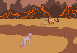 Size: 1280x895 | Tagged: safe, artist:s0ftserve, derpibooru import, horse, butt, plot, prehistoric, volcano