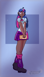 Size: 962x1680 | Tagged: safe, artist:cutiechimeron, derpibooru import, twilight sparkle, human, book, boots, bowtie, clothes, cute, dark skin, female, humanized, leg warmers, shirt, shoes, skirt, socks, solo, twiabetes