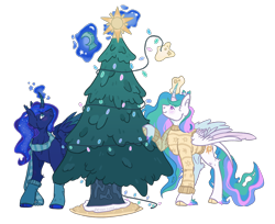 Size: 1170x955 | Tagged: safe, artist:devondraws, derpibooru import, princess celestia, princess luna, alicorn, pony, christmas, christmas tree, clothes, duo, holiday, magic, royal sisters, scarf, siblings, simple background, sisters, socks, sweater, telekinesis, transparent background, tree