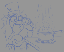 Size: 764x626 | Tagged: safe, artist:jargon scott, derpibooru import, oc, oc only, oc:anon-mare, earth pony, pony, chef's hat, cooking, female, fire, fire extinguisher, gray background, hat, hoof hold, mare, monochrome, pot, simple background, solo, stove