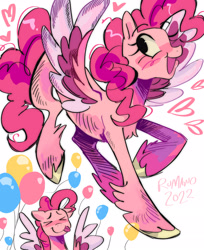 Size: 1670x2048 | Tagged: safe, artist:therumano, derpibooru import, pinkie pie, pegasus, pony, ><, balloon, colored wings, eyes closed, multicolored wings, pegasus pinkie pie, race swap, simple background, smiling, solo, white background, wings