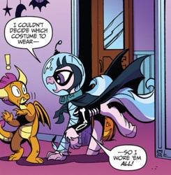 Size: 750x765 | Tagged: safe, artist:andypriceart, derpibooru import, idw, silverstream, smolder, dragon, hippogriff, g4, spoiler:comic, spoiler:comic71, clothes, costume, duo, emanata, female, nightmare night costume, teenaged dragon