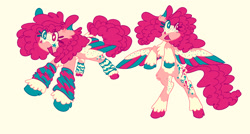 Size: 2000x1069 | Tagged: safe, artist:melon-soda, derpibooru import, pinkie pie, pegasus, pony, clothes, coat markings, colored hooves, colored wings, heterochromia, leg warmers, multicolored wings, pale belly, pegasus pinkie pie, race swap, redesign, simple background, smiling, solo, white background, wingding eyes, wings