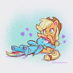 Size: 1200x1200 | Tagged: safe, artist:flutterberrypie, derpibooru import, applejack, rainbow dash, earth pony, pegasus, pony, appledash, cuddling, cute, dashabetes, duo, female, hoof heart, jackabetes, lesbian, shipping, underhoof