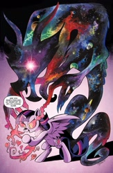 Size: 750x1153 | Tagged: safe, artist:andypriceart, derpibooru import, idw, cosmos (character), twilight sparkle, twilight sparkle (alicorn), alicorn, draconequus, pony, g4, spoiler:comic, spoiler:comic75, cosmos (arc), duo, female, mare, possessed, stars, the cosmos