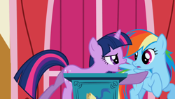 Size: 1280x720 | Tagged: safe, derpibooru import, screencap, rainbow dash, twilight sparkle, pony, applebuck season, duo, duo female, female, ponyville town hall