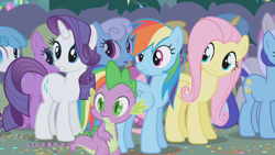 Size: 1280x720 | Tagged: safe, derpibooru import, screencap, cherry berry, daisy, flower wishes, fluttershy, lemon hearts, lightning bolt, linky, minuette, rainbow dash, rarity, shoeshine, spike, twinkleshine, white lightning, dragon, earth pony, pegasus, pony, unicorn, applebuck season, g4, season 1, female, folded wings, horn, looking at each other, looking at someone, male, mare, wings, wings down