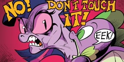 Size: 1334x667 | Tagged: safe, artist:andypriceart, derpibooru import, idw, cosmos (character), spike, twilight sparkle, twilight sparkle (alicorn), alicorn, dragon, pony, g4, spoiler:comic, spoiler:comic75, baby, baby dragon, cosmos (arc), dialogue, duo, female, male, mare, possessed, speech bubble, winged spike, wings, you know for kids