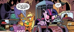 Size: 1334x584 | Tagged: safe, artist:andypriceart, derpibooru import, idw, applejack, cosmos (character), twilight sparkle, twilight sparkle (alicorn), alicorn, earth pony, pony, g4, spoiler:comic, spoiler:comic76, christine, cosmos (arc), dialogue, duo, female, holy hand grenade of antioch, mare, monty python, monty python and the holy grail, possessed, ruby slippers, speech bubble, sword of omens, the wizard of oz, thundercats, time machine