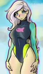 Size: 1500x2550 | Tagged: safe, artist:nolyanimeid, derpibooru import, fluttershy, fish, human, equestria girls, bikini, blushing, breasts, clothes, cloud, curvy, female, fluttershy's one-piece swimsuit, flutterthighs, hand on leg, hand on thigh, hootershy, hourglass figure, legs, long sleeves, sky, solo, sun, swimsuit, thighs, thong swimsuit