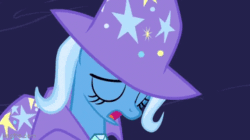 Size: 360x202 | Tagged: safe, derpibooru import, screencap, trixie, pony, unicorn, magic duel, season 3, animated, cape, clothes, eyes closed, gif, hat, head down, moving, open mouth, sad, solo, stars, trixie's cape, trixie's hat