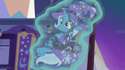 Size: 360x202 | Tagged: safe, derpibooru import, screencap, starlight glimmer, sunburst, trixie, pony, unicorn, uncommon bond, animated, cape, chains, clothes, female, floating, gif, glowing, glowing horn, hat, horn, magic, magic aura, male, mare, solo focus, stallion, telekinesis, tied up, trixie's cape, trixie's hat