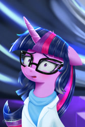 Size: 1500x2250 | Tagged: safe, artist:darksly, derpibooru import, sci-twi, twilight sparkle, pony, unicorn, equestria girls, clothes, commission, equestria girls ponified, female, glasses, grey hair, high res, lab coat, mare, older, open mouth, ponified, unicorn sci-twi