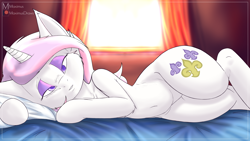 Size: 7680x4320 | Tagged: safe, artist:maximus, derpibooru import, fleur-de-lis, pony, unicorn, bedroom eyes, commission, female, lying down, mare, solo, wide hips, ych result