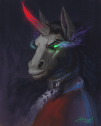 Size: 900x1118 | Tagged: safe, artist:zubirus, derpibooru import, king sombra, pony, umbrum, unicorn, bust, digital painting, evil, fine art emulation, glowing, glowing eyes, glowing horn, horn, painterly, painting, portrait, serious, serious face, solo, sombra eyes