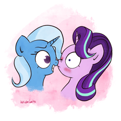 Size: 3000x3000 | Tagged: safe, artist:widelake, derpibooru import, starlight glimmer, trixie, pony, unicorn, blushing, boop, duo, grin, noseboop, shrunken pupils, simple background, smiling, white background