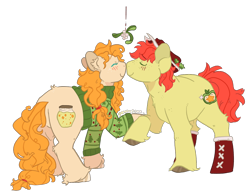 Size: 1074x839 | Tagged: safe, artist:devondraws, derpibooru import, bright mac, pear butter, earth pony, pony, boop, boots, brightbutter, clothes, duo, female, hat, male, mistletoe, noseboop, shipping, shoes, simple background, straight, sweater, transparent background