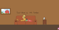 Size: 1639x828 | Tagged: safe, derpibooru import, apple bloom, applejack, big macintosh, granny smith, oc, oc:green, earth pony, unicorn, fanfic:trust once lost, g4, artistnismorose, chest fluff, cowboy hat, cuddling, cute, derpibooru, drawer, ear fluff, ears, family photo, fanfic, fanfic art, fanfic in the description, female, filly, foal, hat, horn, inside, link in description, living room, lying down, mare, meta, mother and daughter-in-law, motherly love, photo, sleeping, sofa, speech bubble, tags, text, youtube link