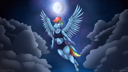 Size: 3840x2160 | Tagged: safe, artist:owloffortune, derpibooru import, rainbow dash, anthro, pegasus, unguligrade anthro, breasts, clothes, cloud, flying, moon, shorts, sky, solo, sports bra, sports shorts, wallpaper, wings