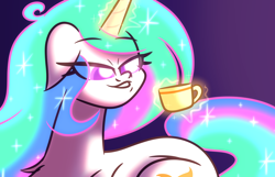 Size: 5580x3600 | Tagged: safe, artist:iceflower99, derpibooru import, princess celestia, chest fluff, cup, ears, eye clipping through hair, fanfic, fanfic art, floppy ears, glowing, glowing horn, horn, levitation, magic, missing accessory, telekinesis