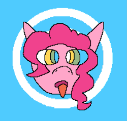 Size: 997x952 | Tagged: safe, artist:rxinbow, derpibooru import, pinkie pie, head only, hypno eyes, hypnosis, hypnotized, kaa eyes, pixel art, pixelated, solo, tongue, tongue out