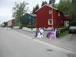 Size: 2048x1536 | Tagged: safe, artist:tardifice, artist:xpesifeindx, derpibooru import, rarity, twilight sparkle, twilight sparkle (alicorn), alicorn, pony, unicorn, duo, female, house, irl, kristiansund, mare, norway, photo, ponies in real life, trotting, walking