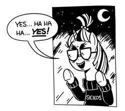 Size: 829x738 | Tagged: safe, artist:mellodillo, derpibooru import, moondancer, pony, unicorn, against glass, black and white, crescent moon, female, glass, grayscale, mare, meme, monochrome, moon, png, ponified, ponified meme, reaction image, simple background, solo, speech bubble, the onion, transparent background, underhoof, window