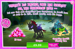 Size: 1957x1296 | Tagged: safe, derpibooru import, pharynx, changeling, advertisement, bush, costs real money, english, fangs, gameloft, gem, horn, insect wings, male, mobile game, my little pony: magic princess, numbers, official, sale, solo, solo focus, text, tree, wings