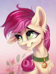 Size: 2131x2828 | Tagged: safe, artist:mithriss, derpibooru import, roseluck, earth pony, pony, bust, chest fluff, collar, commission, commissioner:doom9454, cute, ear fluff, ears, female, guilty, mare, neck fluff, one ear down, pet tag, pony pet, rosepet, smiling, solo, teeth