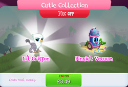 Size: 1264x857 | Tagged: safe, derpibooru import, graff, li'l griffon, griffon, background character, background griffon, beak, bundle, bush, chickub, costs real money, english, folded wings, gameloft, mobile game, my little pony: magic princess, numbers, official, sale, solo, solo focus, text, vacuum cleaner, wings