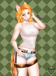 Size: 1662x2217 | Tagged: safe, artist:wraith148, derpibooru import, pear butter, anthro, earth pony, g4, alternate hairstyle, belt, belt buckle, breasts, clothes, daisy dukes, eyebrows, eyelashes, female, hook, lasso, looking at you, rope, shorts, smiling, solo, tail, tanktop, thighs