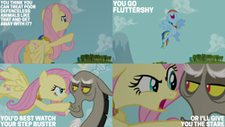 Size: 4400x2475 | Tagged: safe, derpibooru import, edit, edited screencap, editor:quoterific, screencap, discord, fluttershy, rainbow dash, keep calm and flutter on